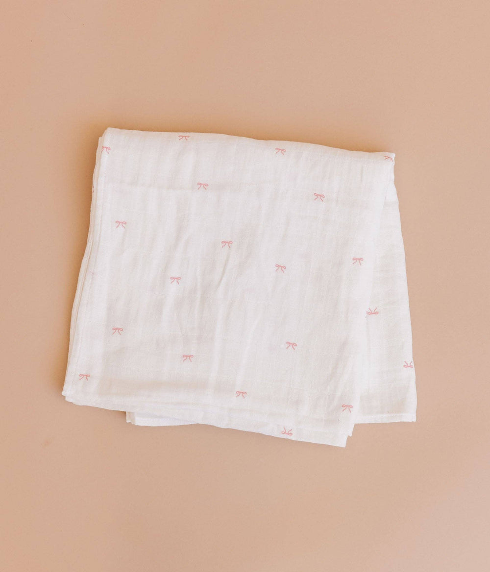 The Blueberry Hill Baby Swaddle Pink Bow Baby Girl Organic Cotton Muslin Blanket
