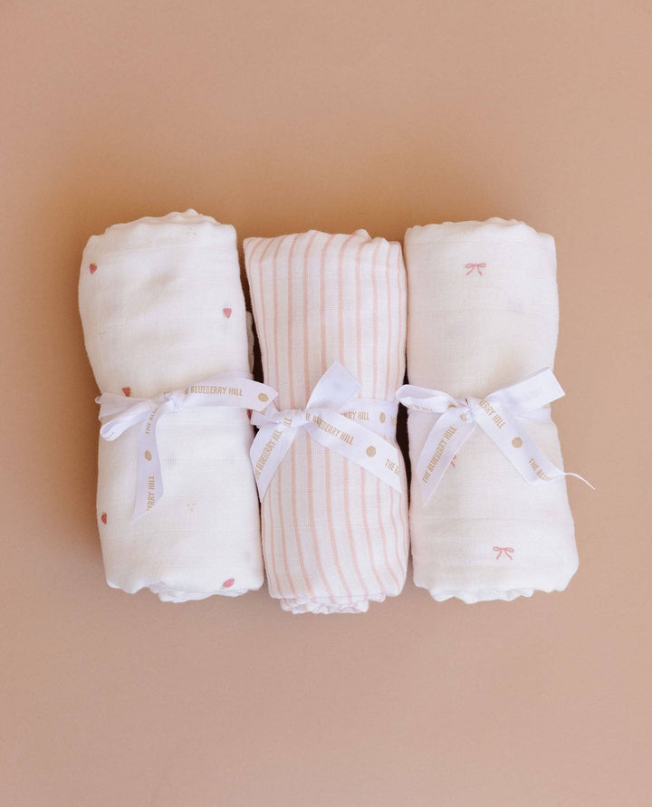 The Blueberry Hill Baby Swaddle Pink Bow Baby Girl Organic Cotton Muslin Blanket