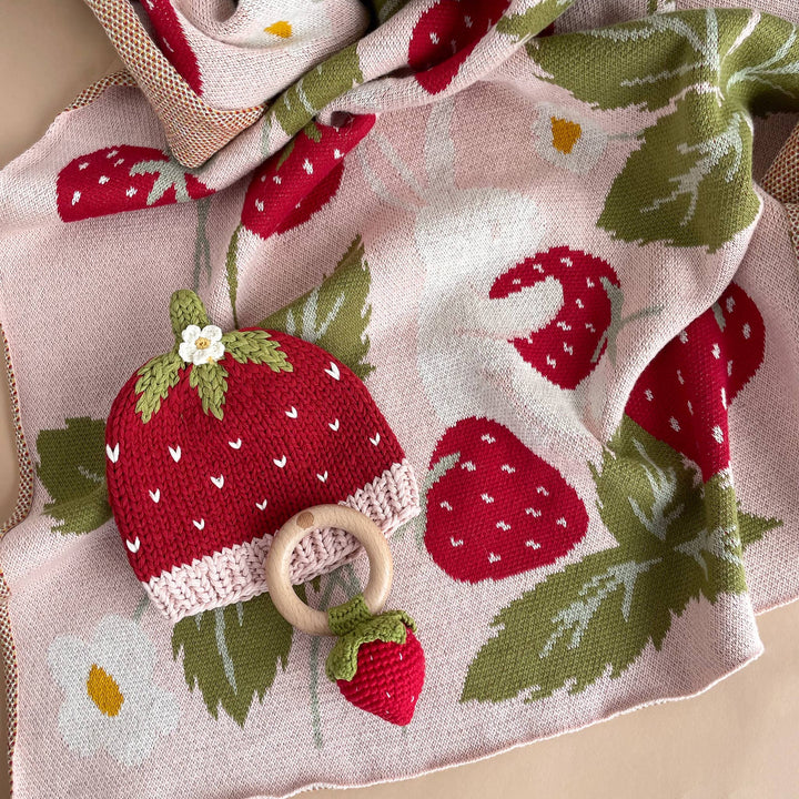 The Blueberry Hill Baby & Toddler Blanket, Strawberry Bunny | Organic Cotton Kids & Baby Decor