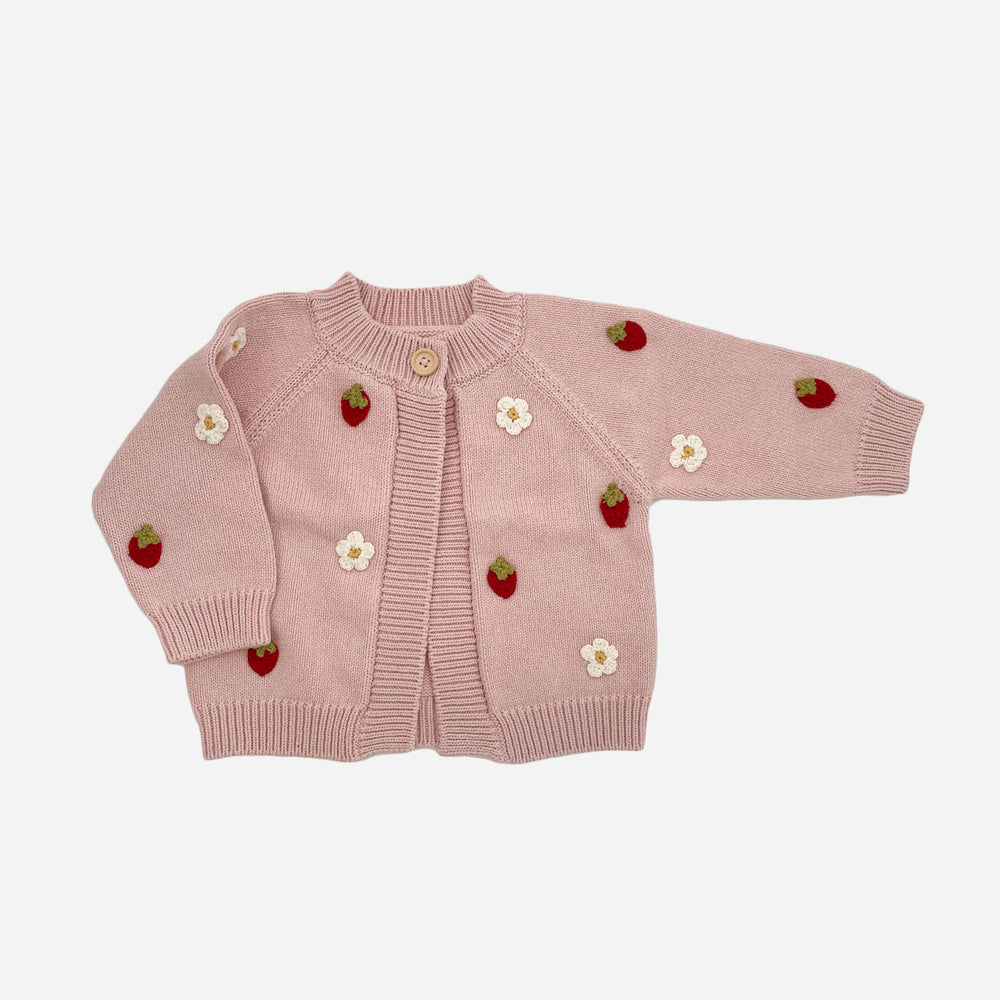 The Blueberry Hill Sweater 0-6m Cotton Strawberry Flower Cardigan, Blush | Baby Sweater