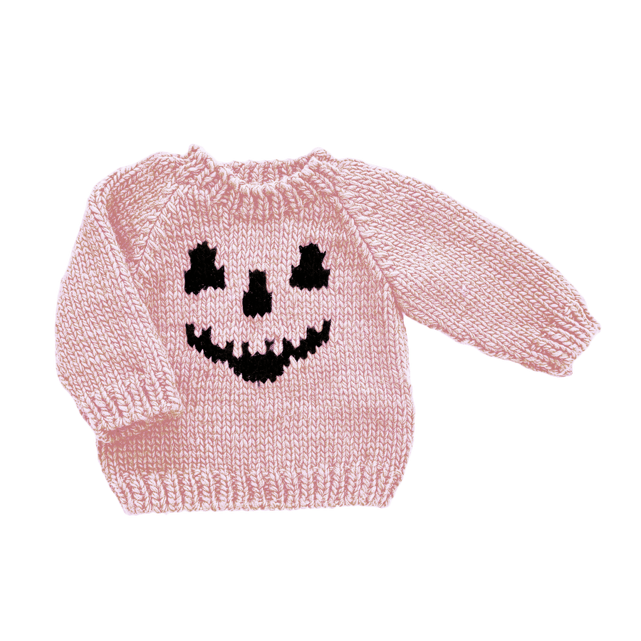 The Blueberry Hill Sweater M; 2-3Y Jack-o-lantern Sweater, Baby Pink | Kid Halloween Pumpkin