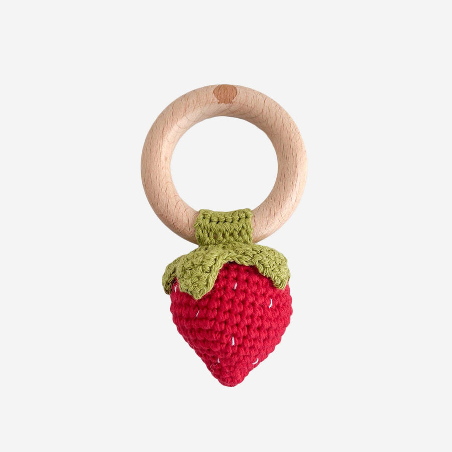 The Blueberry Hill Teether Cotton Crochet Rattle Teether Strawberry, Red | Baby Toys