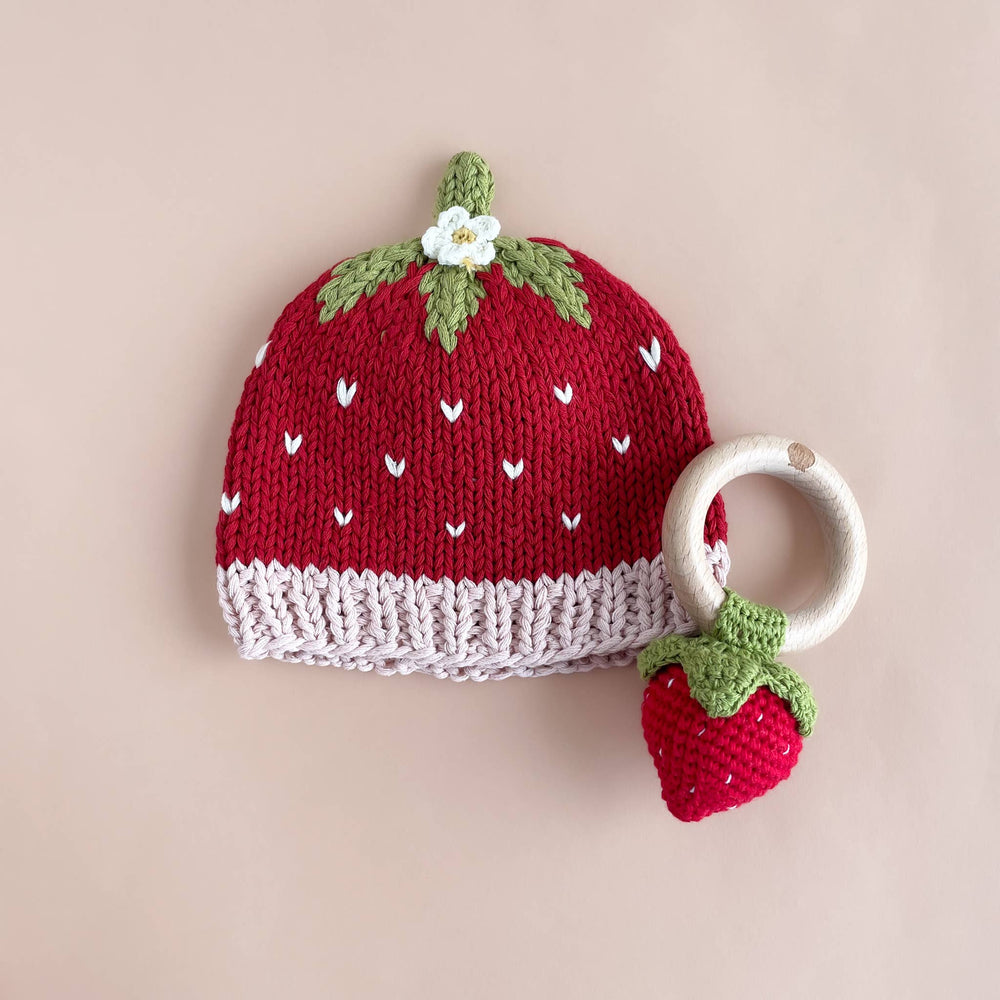 The Blueberry Hill Teether Cotton Crochet Rattle Teether Strawberry, Red | Baby Toys