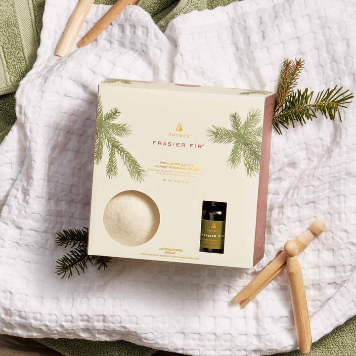 Thymes Bath and Body Frasier Fir Wool Dryer Balls and Laundry Fragrance Oil Set