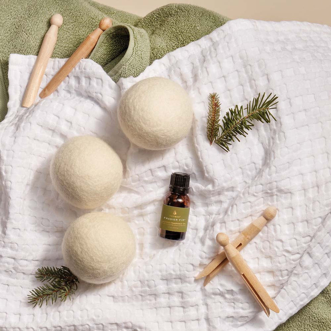 Thymes Bath and Body Frasier Fir Wool Dryer Balls and Laundry Fragrance Oil Set