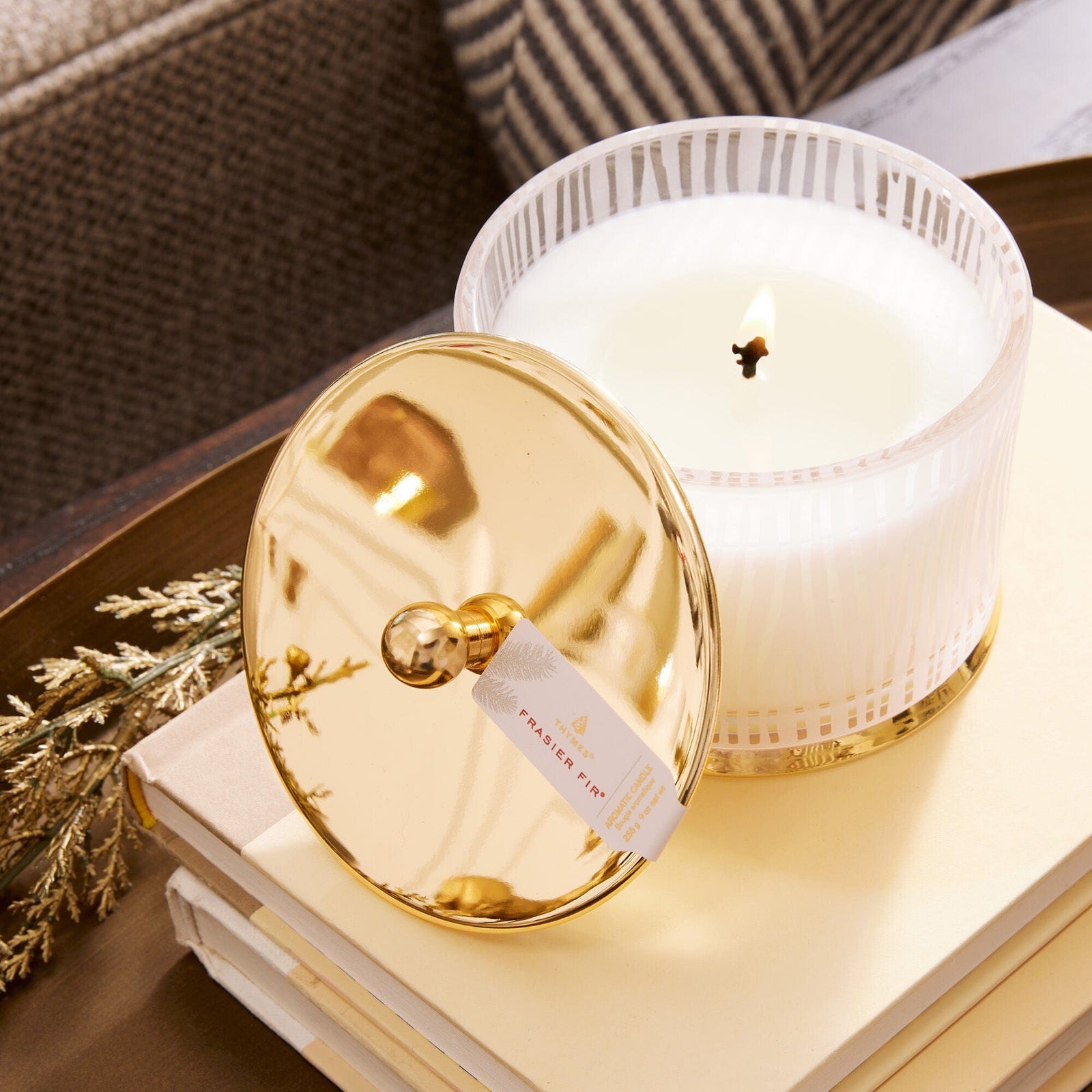 Thymes Candle Frasier Fir Medium Poured Candle, Frosted Wood Grain
