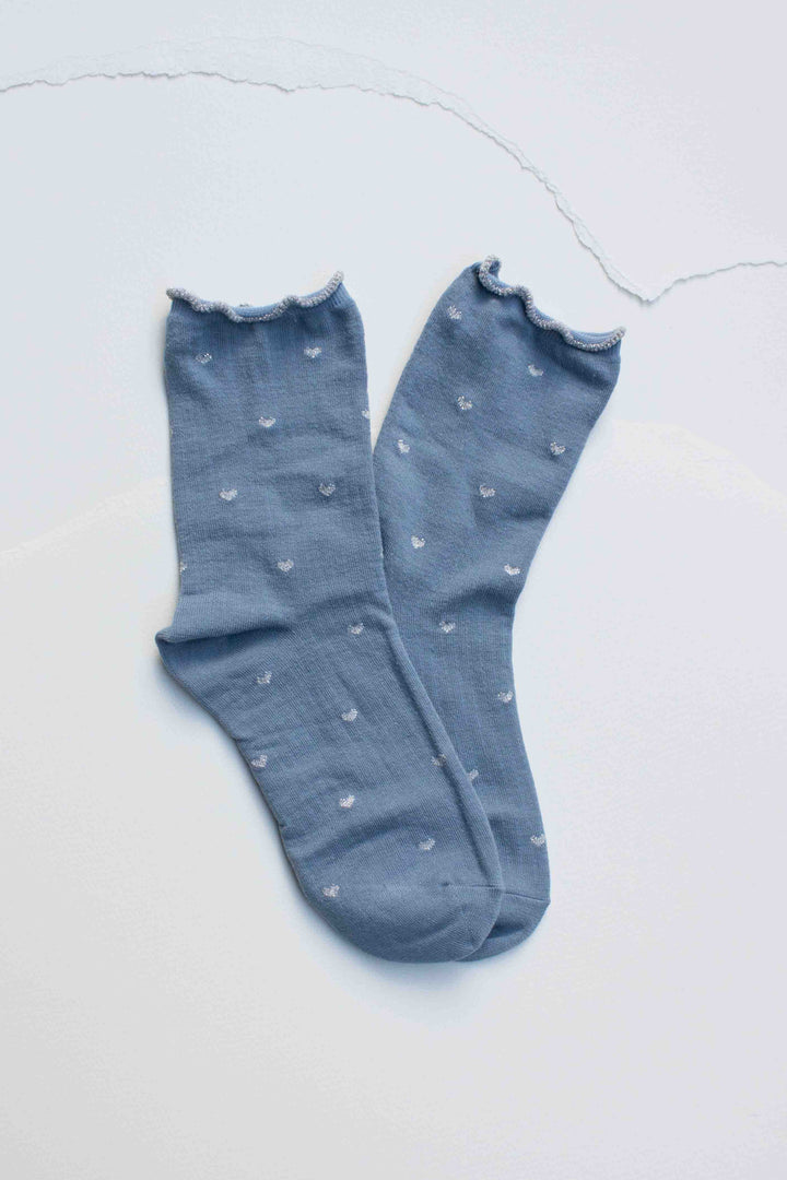 Tiepology Fashion Blue/Silver Mini Heart Ruffle Cotton Blend Socks
