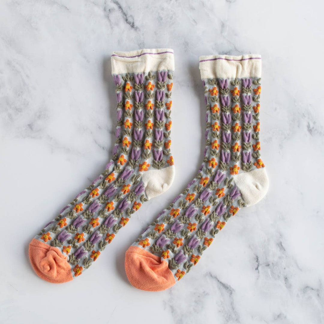 Tiepology Fashion Vintage Floral Casual Socks - Beige/Coral