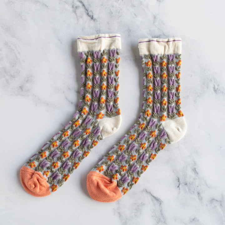 Tiepology Fashion Vintage Floral Casual Socks - Beige/Coral