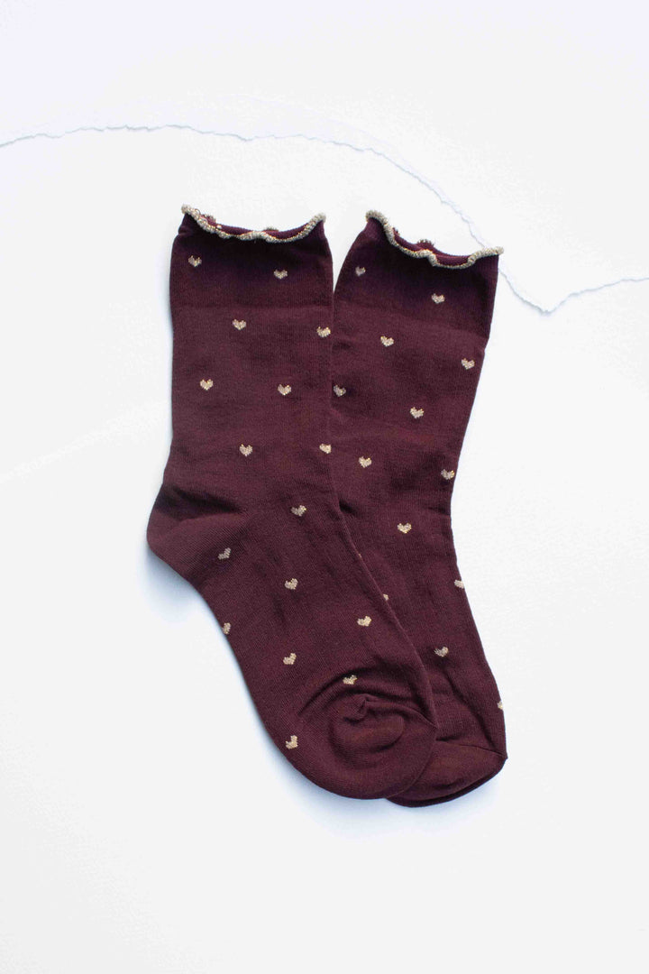 Tiepology Fashion Wine/Gold Mini Heart Ruffle Cotton Blend Socks