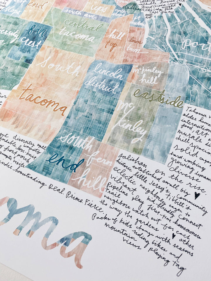 Turn-of-the-Centuries 16 x 20 TACOMA Neighborhoods Map ART PRINT