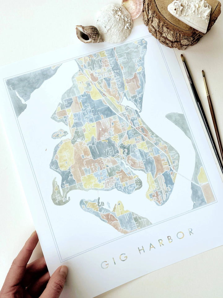 Turn-of-the-Centuries 8 x 10 / GIG HARBOR Gig Harbor Washington Watercolor Map ART PRINT