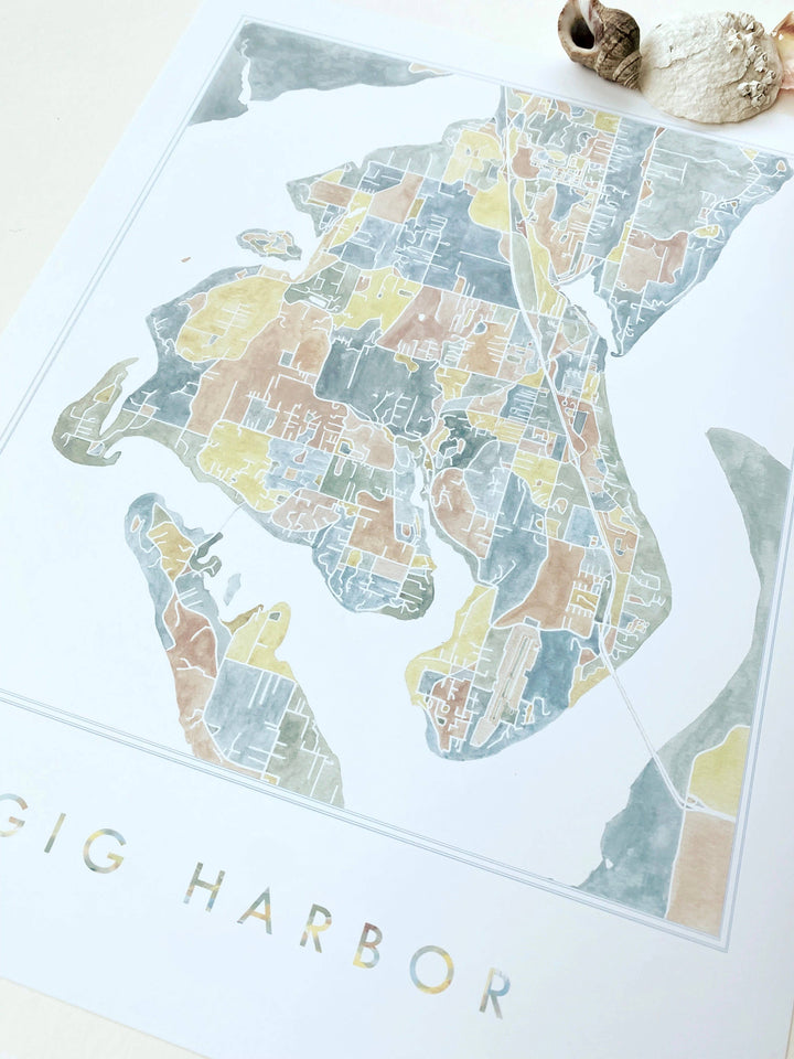Turn-of-the-Centuries 8 x 10 / GIG HARBOR Gig Harbor Washington Watercolor Map ART PRINT