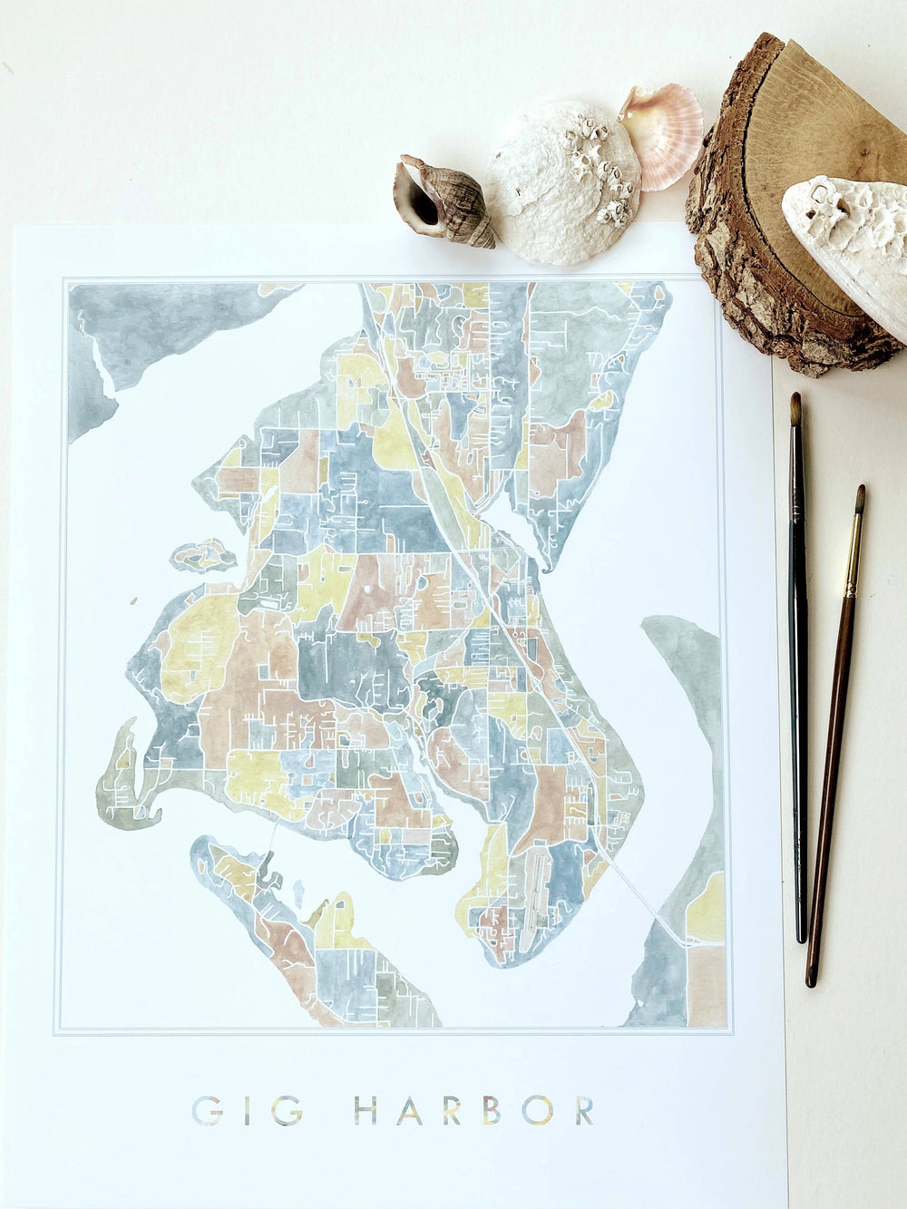 Turn-of-the-Centuries 8 x 10 / GIG HARBOR Gig Harbor Washington Watercolor Map ART PRINT