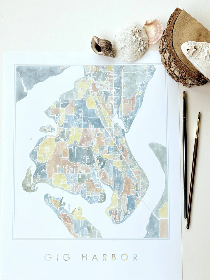 Turn-of-the-Centuries 8 x 10 / GIG HARBOR Gig Harbor Washington Watercolor Map ART PRINT