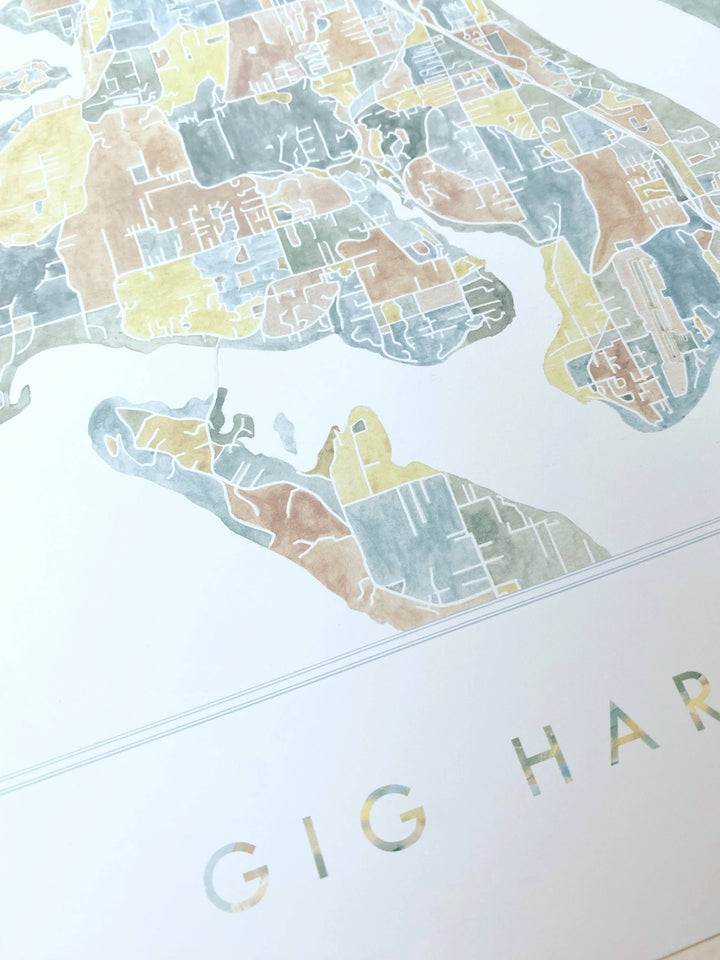 Turn-of-the-Centuries 8 x 10 / GIG HARBOR Gig Harbor Washington Watercolor Map ART PRINT