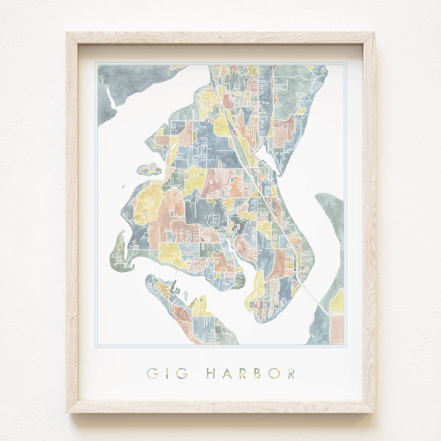 Turn-of-the-Centuries 8 x 10 / GIG HARBOR Gig Harbor Washington Watercolor Map ART PRINT