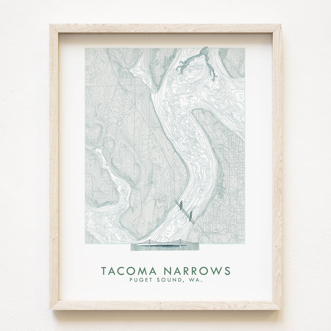 Turn-of-the-Centuries Art Print 8 x 10 Tacoma NARROWS + Gig Harbor WA Hand Drawn Topo Map ART PRINT