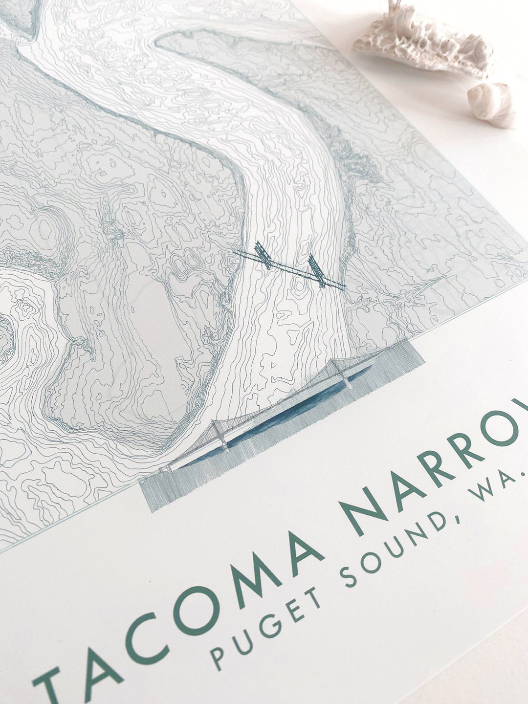 Turn-of-the-Centuries Art Print Tacoma NARROWS + Gig Harbor WA Hand Drawn Topo Map ART PRINT