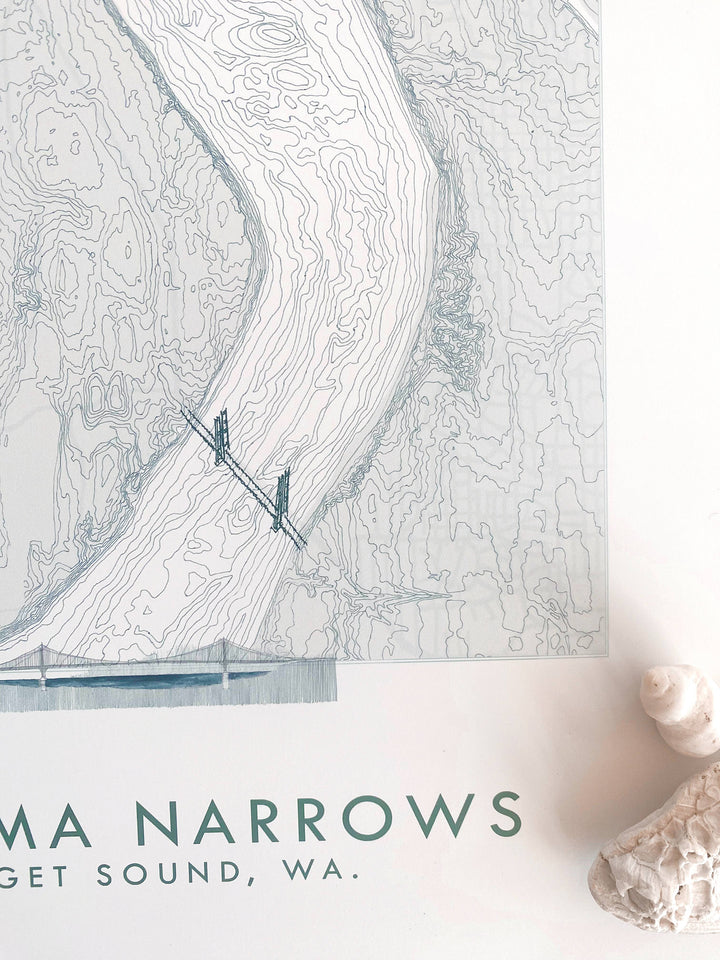 Turn-of-the-Centuries Art Print Tacoma NARROWS + Gig Harbor WA Hand Drawn Topo Map ART PRINT