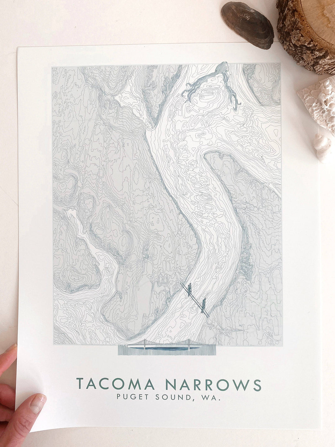 Turn-of-the-Centuries Art Print Tacoma NARROWS + Gig Harbor WA Hand Drawn Topo Map ART PRINT