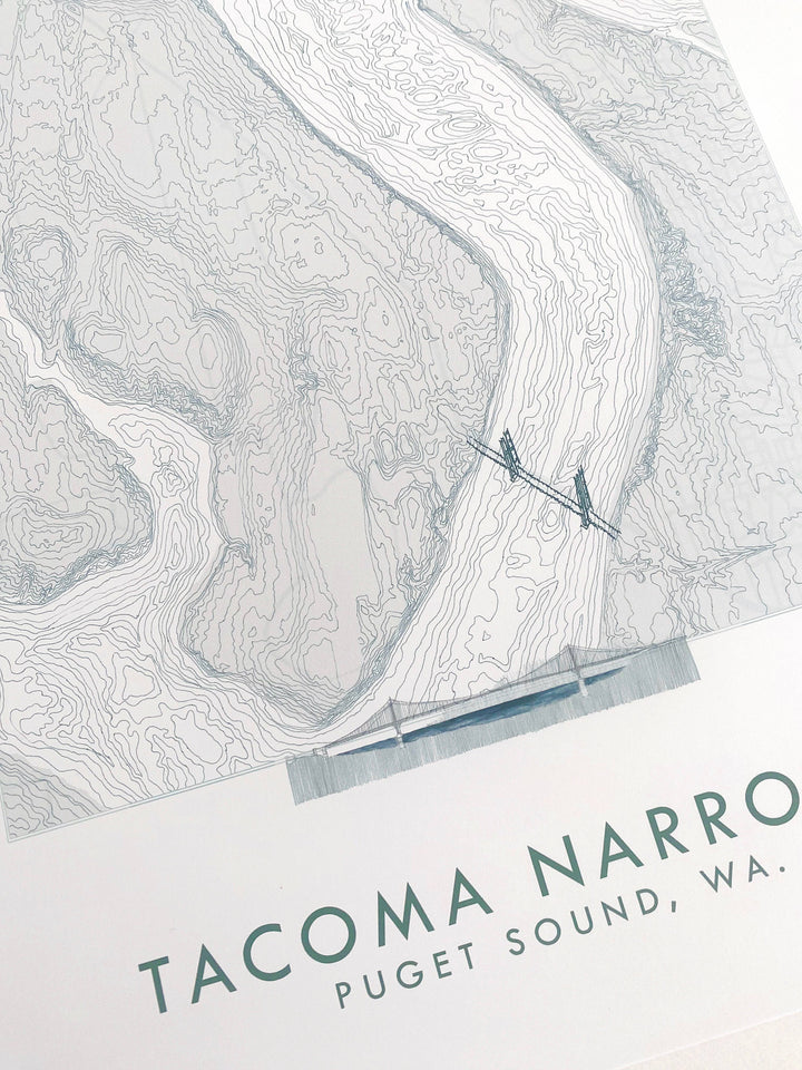 Turn-of-the-Centuries Art Print Tacoma NARROWS + Gig Harbor WA Hand Drawn Topo Map ART PRINT