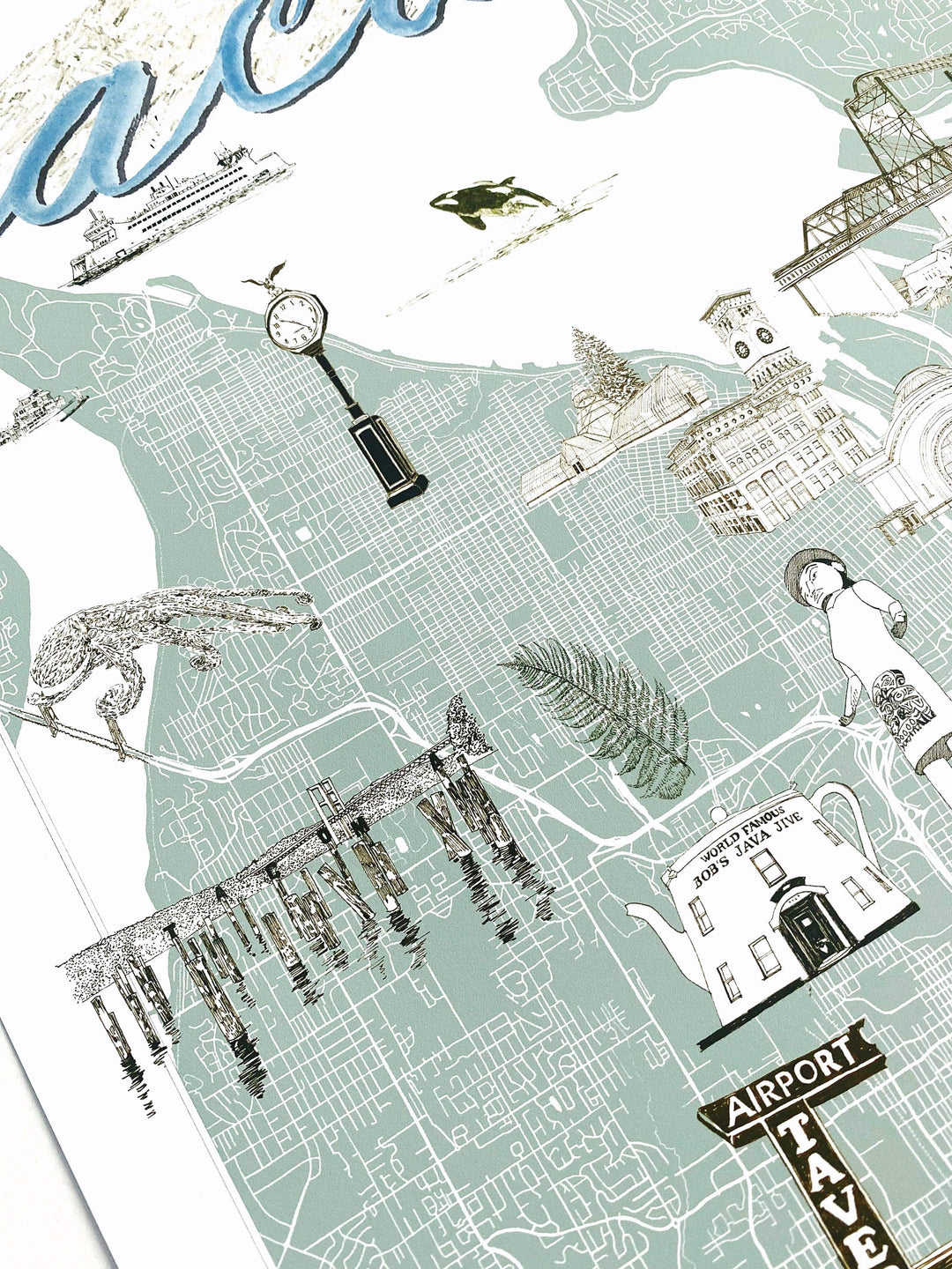 Turn-of-the-Centuries Home 11 x 14 / Blue TACOMA Washington "Charms" Map Art Print