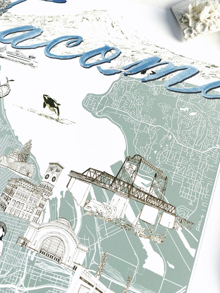 Turn-of-the-Centuries Home 11 x 14 / Blue TACOMA Washington "Charms" Map Art Print