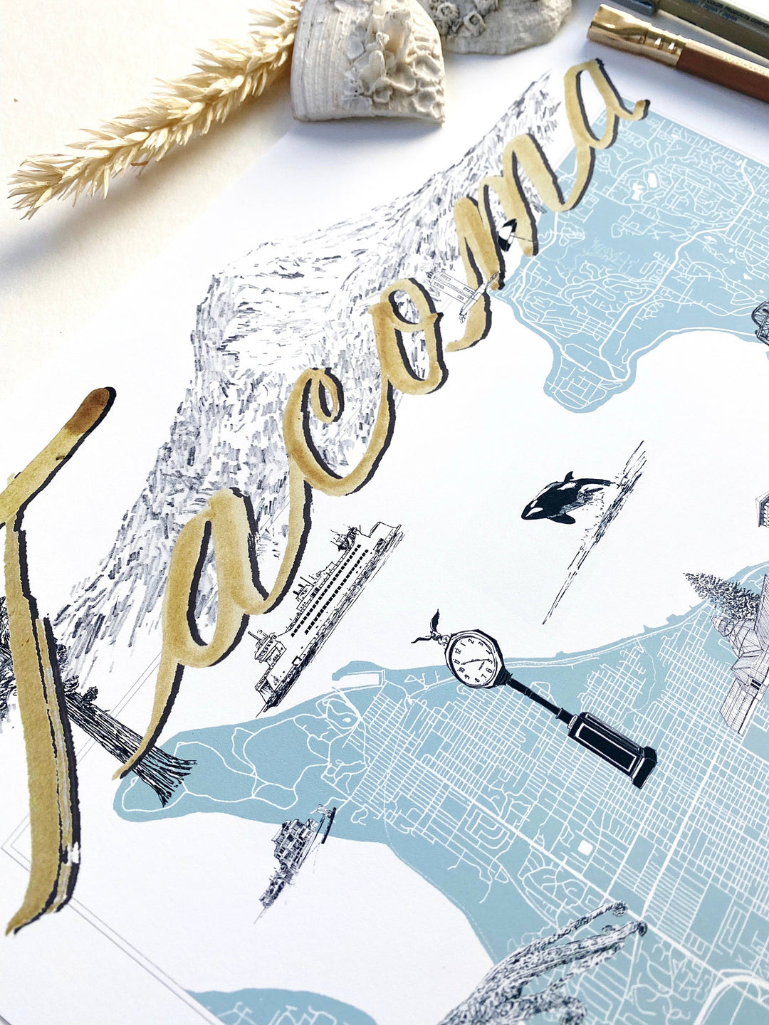 Turn-of-the-Centuries Home 11 x 14 / Blue TACOMA Washington "Charms" Map Art Print