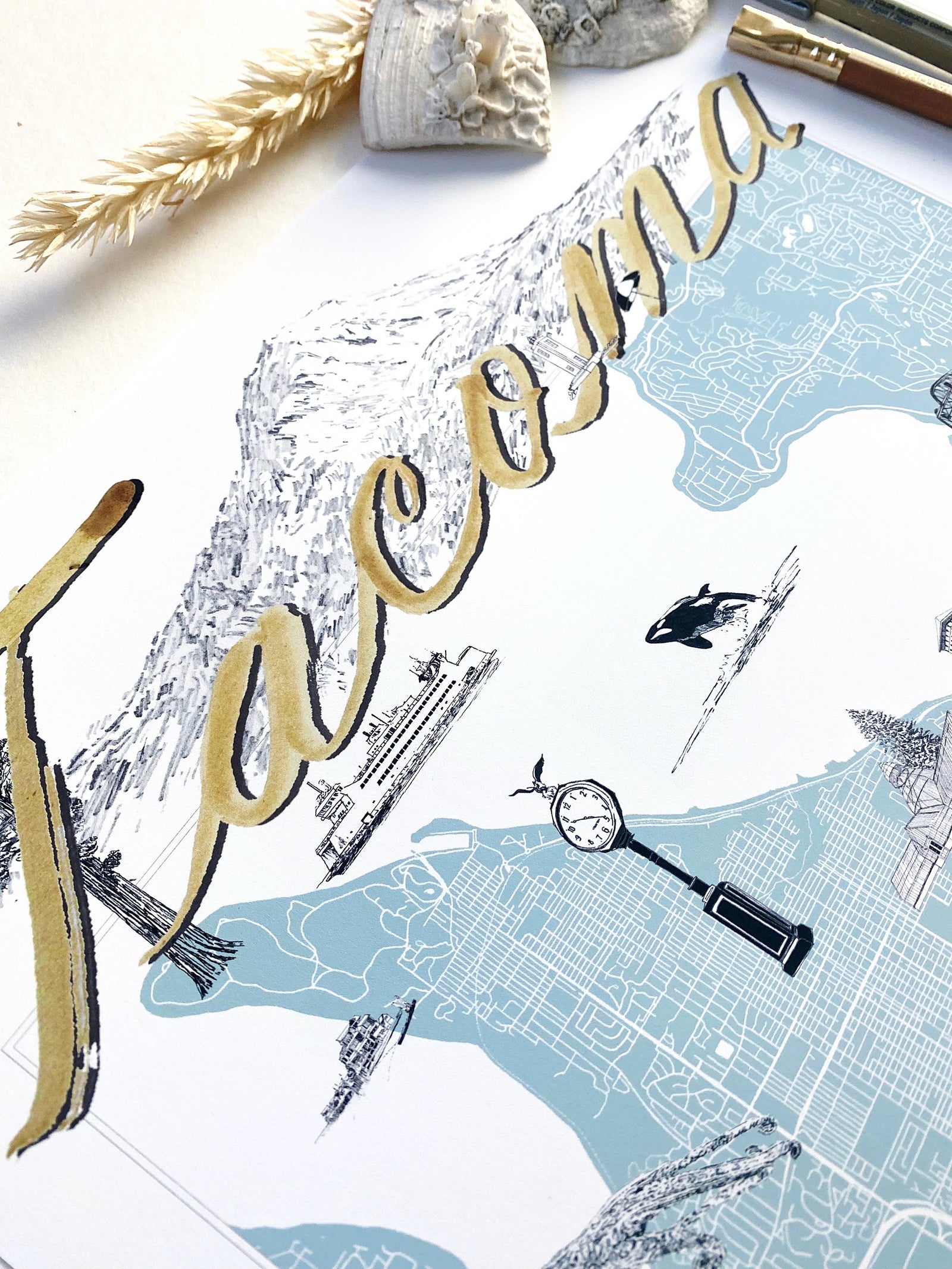 Turn-of-the-Centuries Home 11 x 14 / Blue TACOMA Washington "Charms" Map Art Print