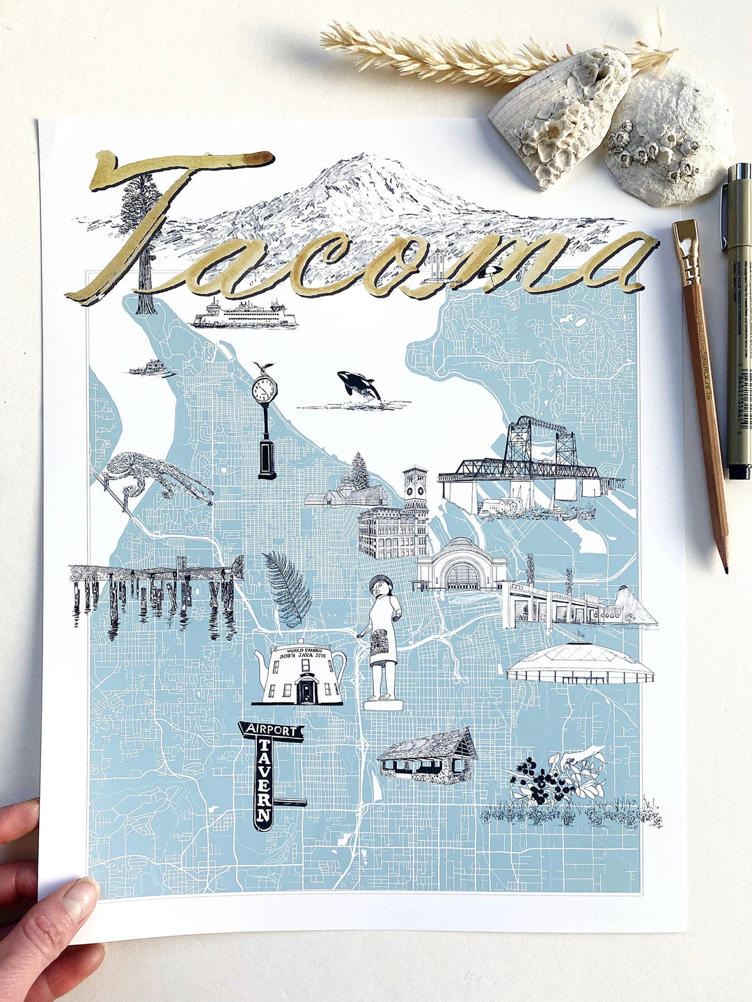 Turn-of-the-Centuries Home 11 x 14 / Blue TACOMA Washington "Charms" Map Art Print