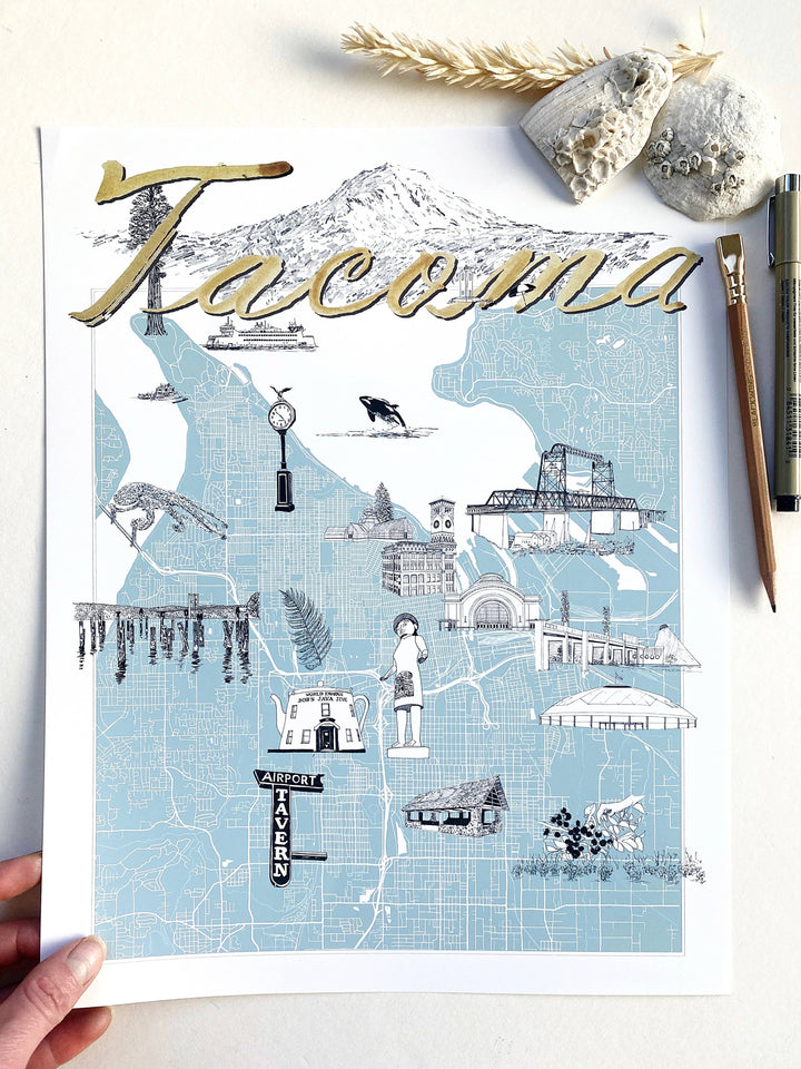 Turn-of-the-Centuries Home 11 x 14 / Blue TACOMA Washington "Charms" Map Art Print