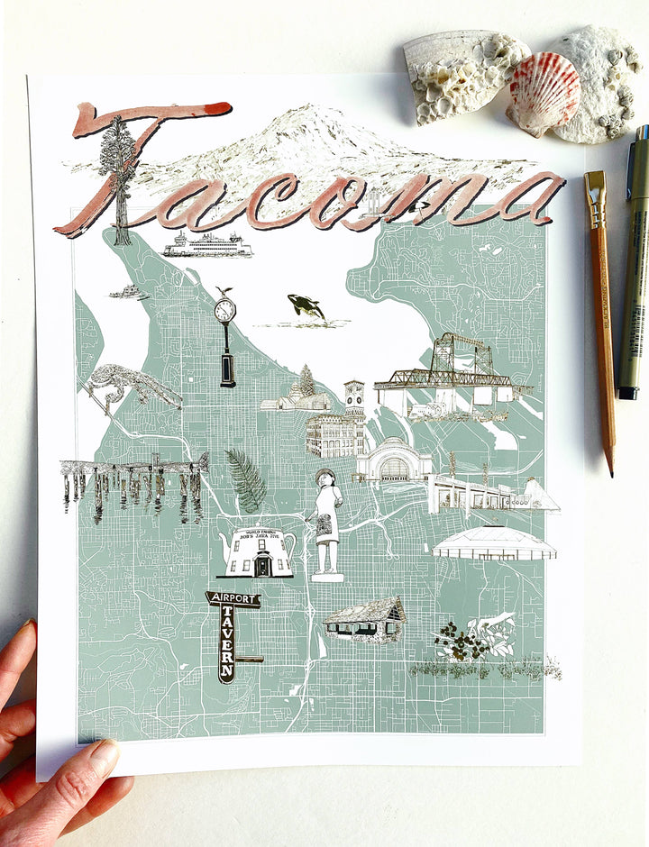 Turn-of-the-Centuries Home 11 x 14 / Blue TACOMA Washington "Charms" Map Art Print