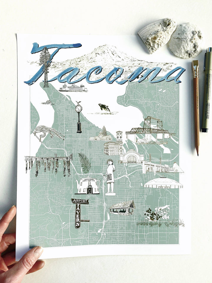 Turn-of-the-Centuries Home 11 x 14 / Blue TACOMA Washington "Charms" Map Art Print