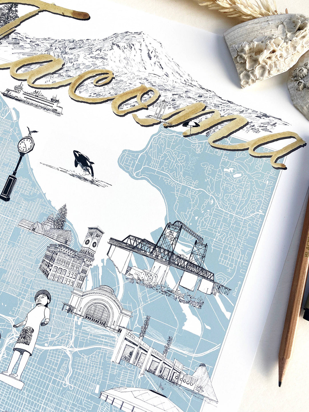 Turn-of-the-Centuries Home 11 x 14 / Blue TACOMA Washington "Charms" Map Art Print