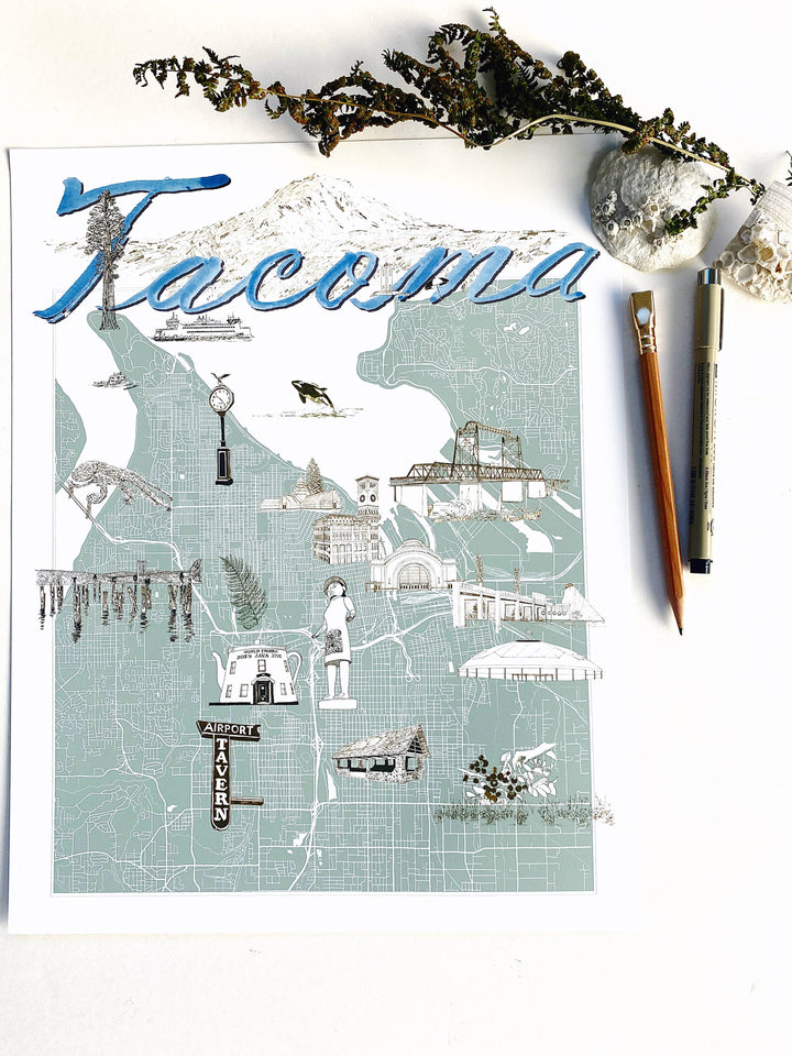Turn-of-the-Centuries Home 11 x 14 / Blue TACOMA Washington "Charms" Map Art Print