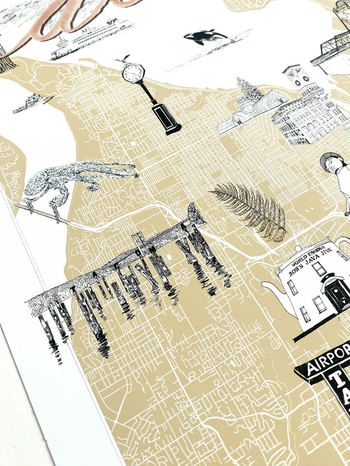 Turn-of-the-Centuries Home 11 x 14 / Blue TACOMA Washington "Charms" Map Art Print