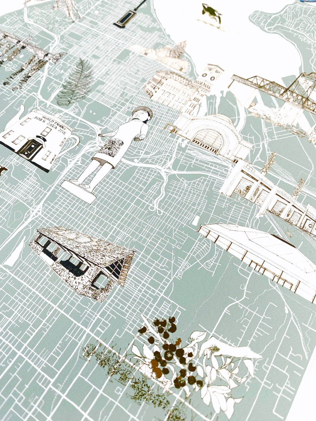 Turn-of-the-Centuries Home 11 x 14 / Blue TACOMA Washington "Charms" Map Art Print