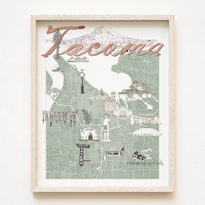 Turn-of-the-Centuries Home 11 x 14 / Blue TACOMA Washington "Charms" Map Art Print