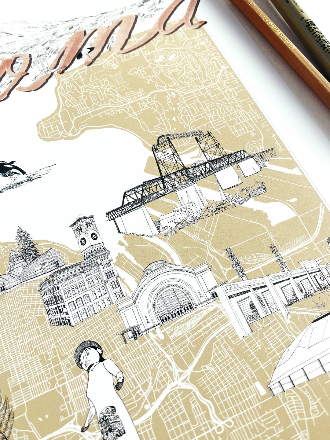 Turn-of-the-Centuries Home 11 x 14 / Blue TACOMA Washington "Charms" Map Art Print