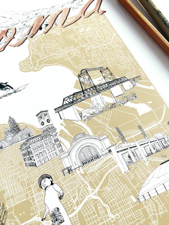 Turn-of-the-Centuries Home 11 x 14 / Blue TACOMA Washington "Charms" Map Art Print