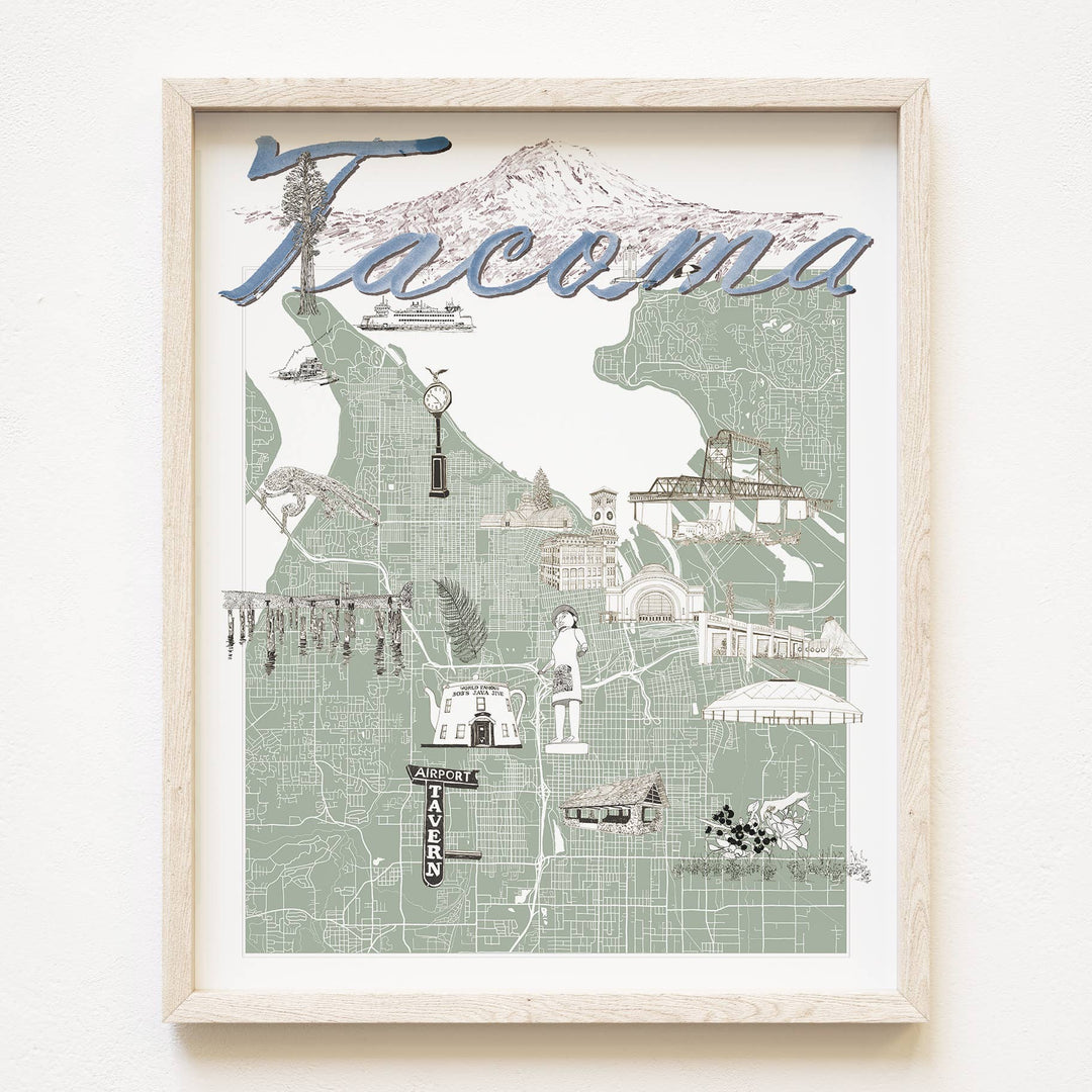 Turn-of-the-Centuries Home 11 x 14 / Blue TACOMA Washington "Charms" Map Art Print