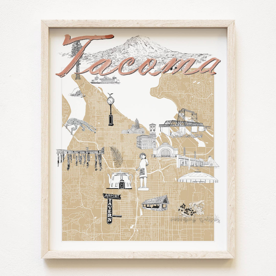 Turn-of-the-Centuries Home 11 x 14 / Blue TACOMA Washington "Charms" Map Art Print