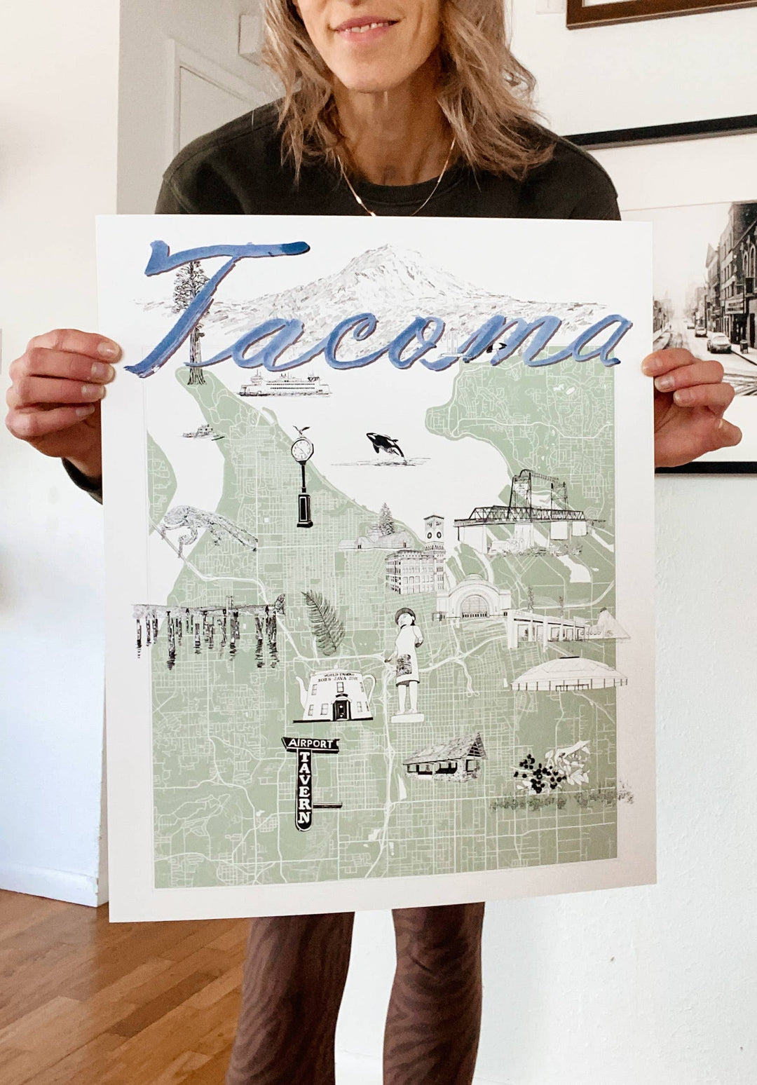 Turn-of-the-Centuries Home 11 x 14 / Blue TACOMA Washington "Charms" Map Art Print