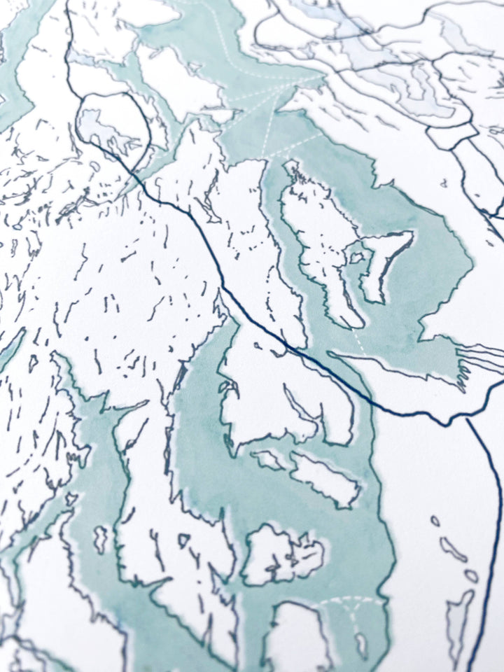 Turn-of-the-Centuries Home 13" x 19" Puget Sound Topo Watercolor Map Tall Art Print