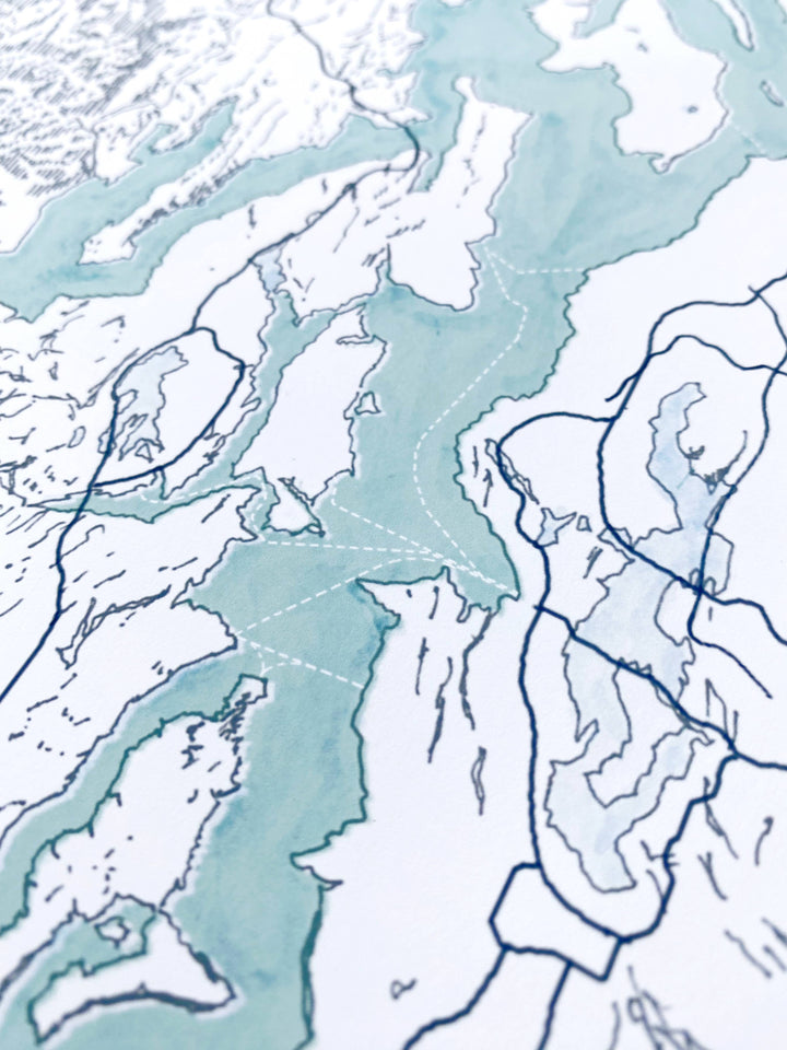 Turn-of-the-Centuries Home 13" x 19" Puget Sound Topo Watercolor Map Tall Art Print