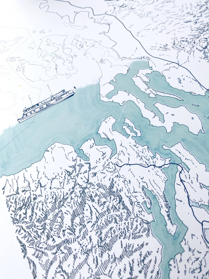 Turn-of-the-Centuries Home 13" x 19" Puget Sound Topo Watercolor Map Tall Art Print