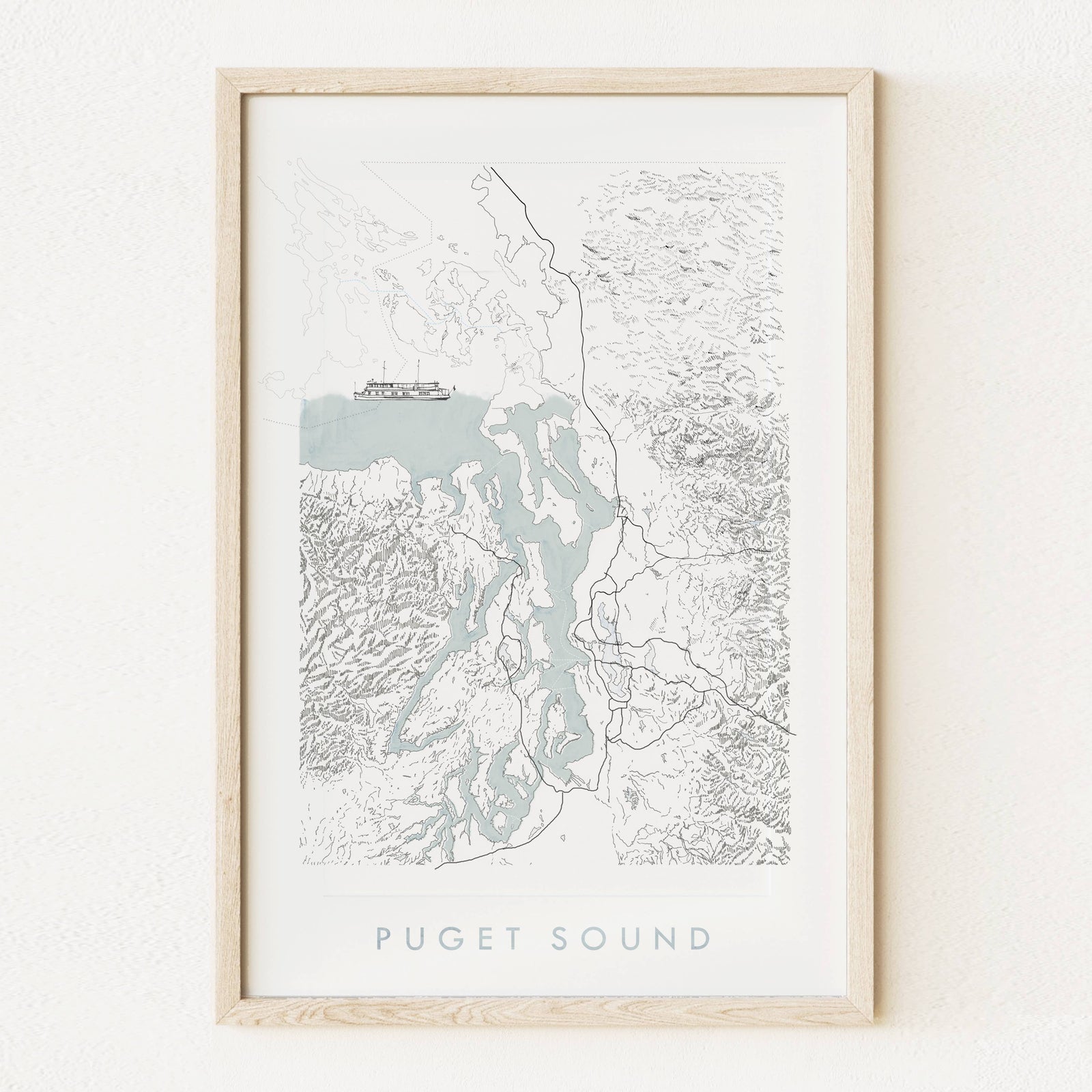 Turn-of-the-Centuries Home 13" x 19" Puget Sound Topo Watercolor Map Tall Art Print