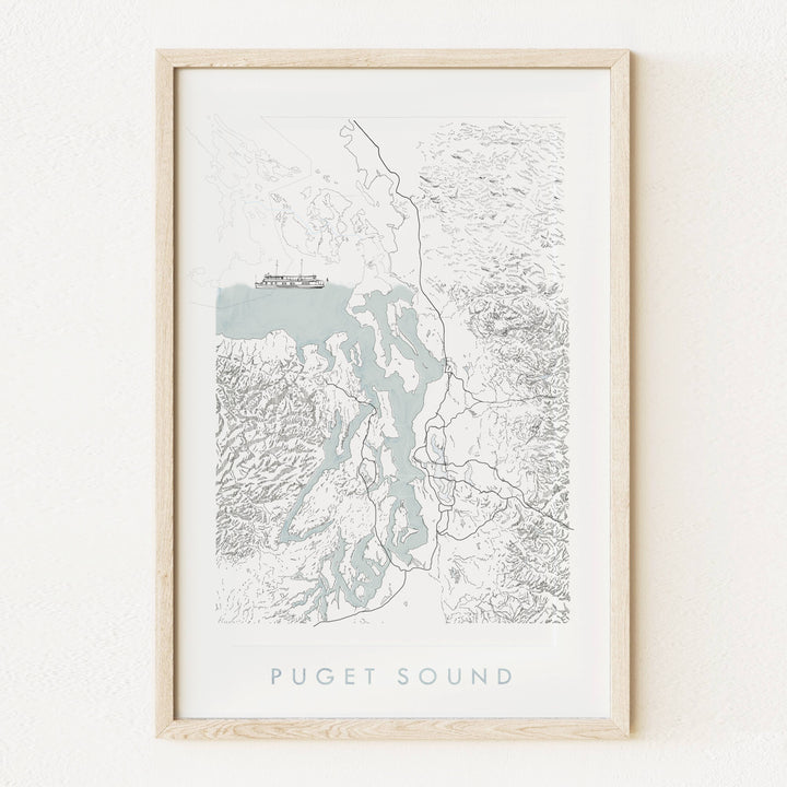 Turn-of-the-Centuries Home 13" x 19" Puget Sound Topo Watercolor Map Tall Art Print