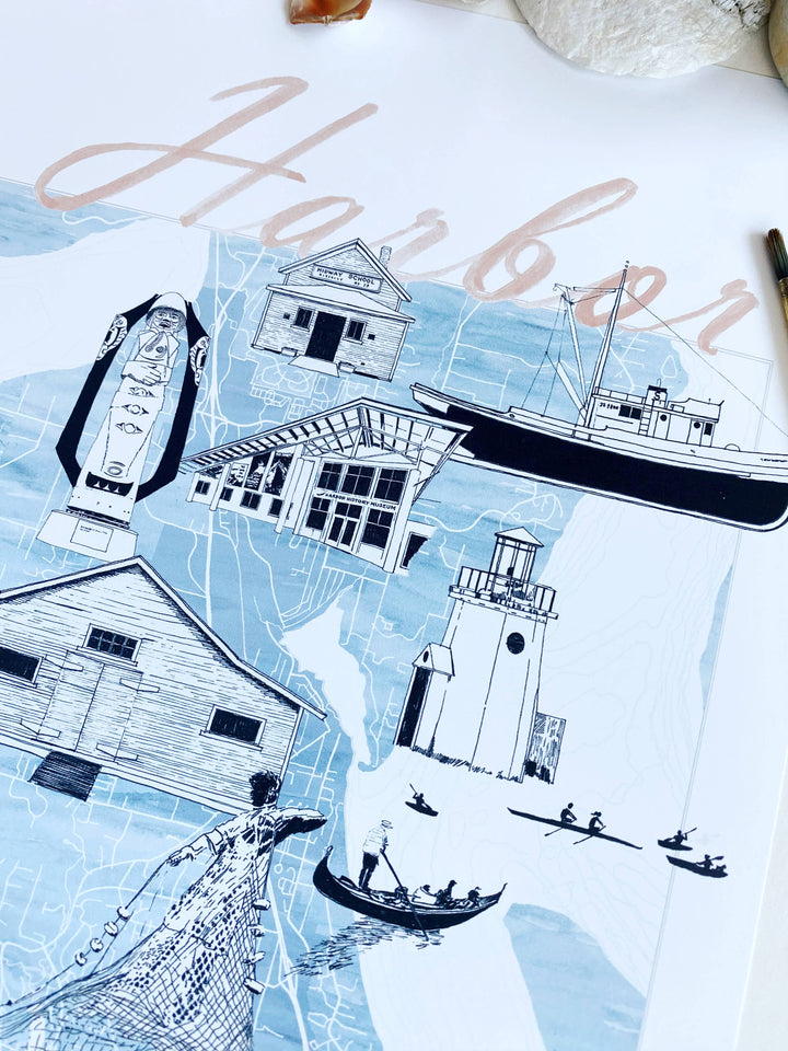 Turn-of-the-Centuries Home Blue / 8 x 10 Gig Harbor "Charms" Map Art Print